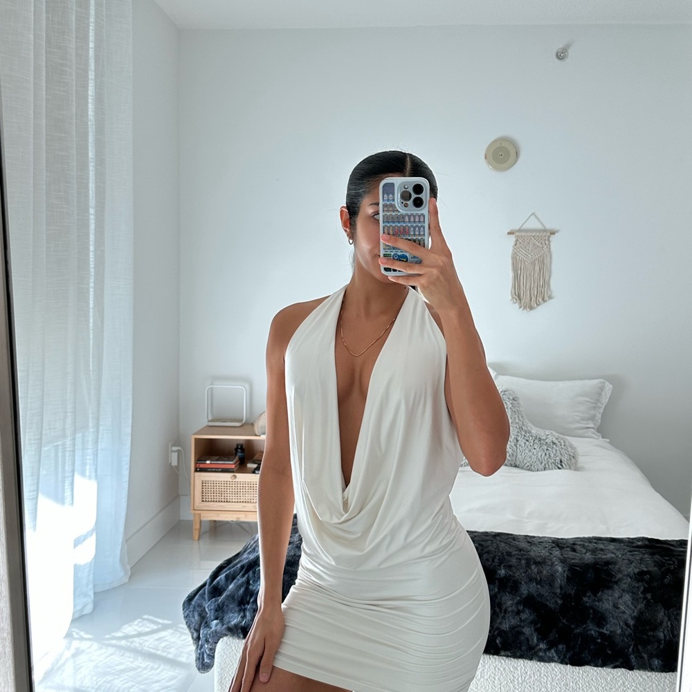 Revolve Superdown Ivory Backless Halter Dress